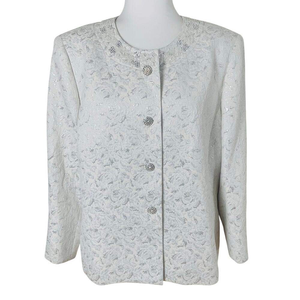 Vintage Kasper Size 18 Floral Jacquard Blazer Jacket Cream Silver Beaded Formal